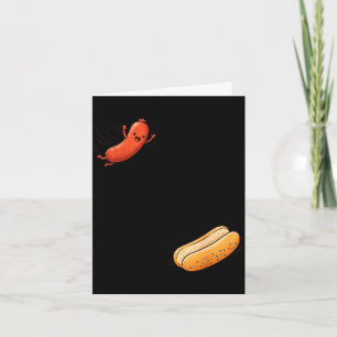 Funny hot dog jumping into bun sausage bbq high card