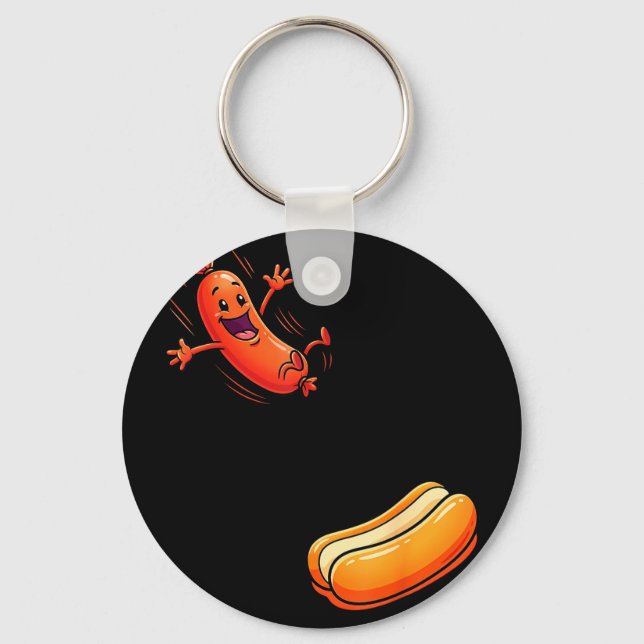 Funny hot dog jumping into bun sausage bbq high key ring (Front)