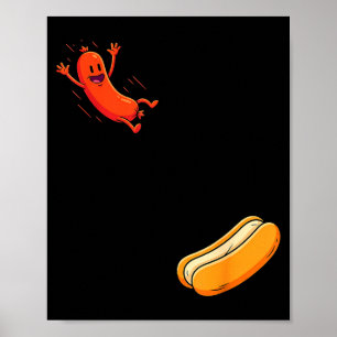 Funny hot dog jumping into bun sausage bbq high poster