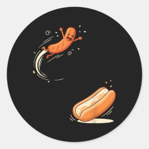 Funny Hot-Dog Jumping Into Bun Sausage Bbq Humour Classic Round Sticker