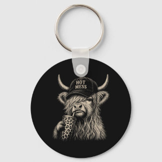 Funny Hot Mess Highland Cow Cute Coffee Lover Key Ring