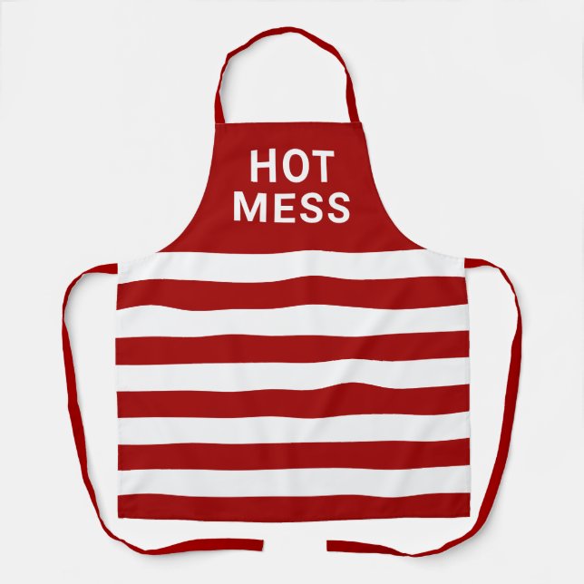 Funny Hot Mess Quote Red White Striped Kitchen Apron (Front)
