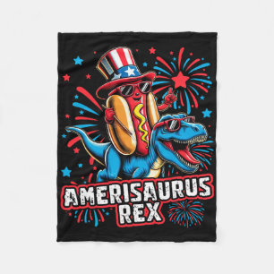 Funny Hotdog T Rex Dinosaur 4th Of July Amerisauru Fleece Blanket