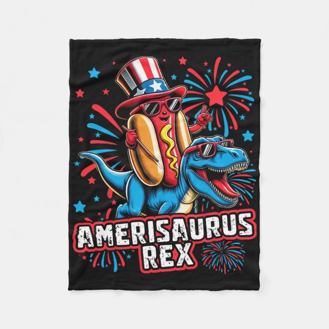 Funny Hotdog T Rex Dinosaur 4th Of July Amerisauru Fleece Blanket (Front)