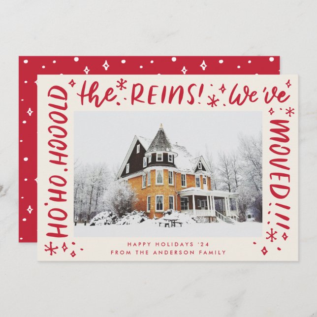 Funny House Moving Red Lettering Christmas Photo Holiday Card (Front/Back)
