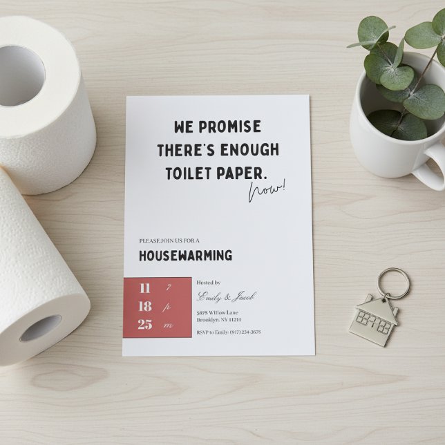 Funny Housewarming Invitation • Toilet Paper Quote (Funny housewarming invitation flat lay with toilet paper, green leaves and keychain on light wood.)