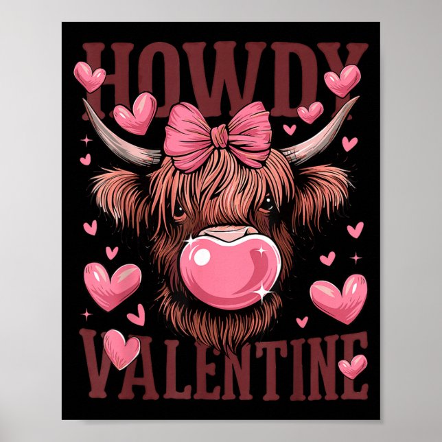 Funny Howdy Valentine Highland Cow Valentine’s Day Poster (Front)