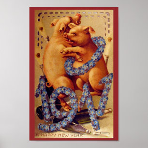 Funny Hugging Pigs Copy: Vintage 1911 New Year Art Poster