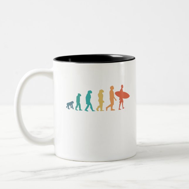 Funny Human Evolution Surfing Gift for Surfers Two-Tone Coffee Mug (Left)