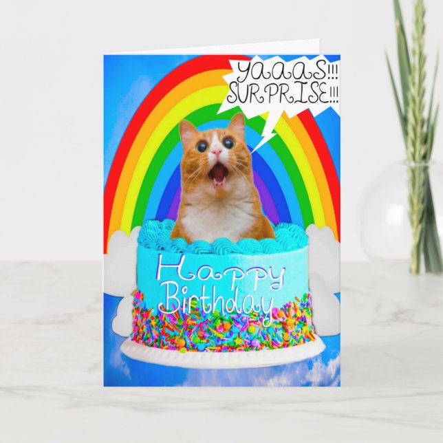Funny Humour Crazy Cat Surprise Birthday Card (Front)