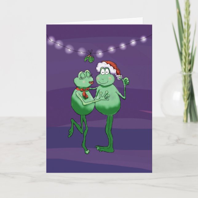 Funny Humour Frog Couple Kiss Mistletoe Card (Front)