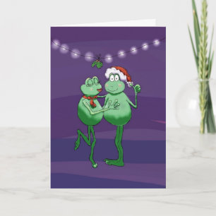 Funny Humour Frog Couple Kiss Mistletoe Card