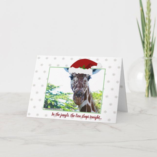Funny Humour Giraffe Red Hat Green Border Xmas Card (Front)