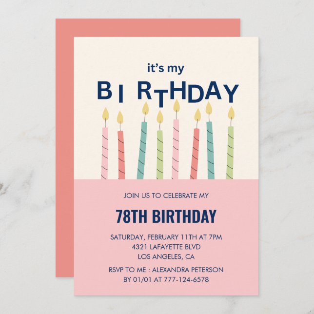 Funny Humour  Pink Candle 78th birthday invitation (Front/Back)