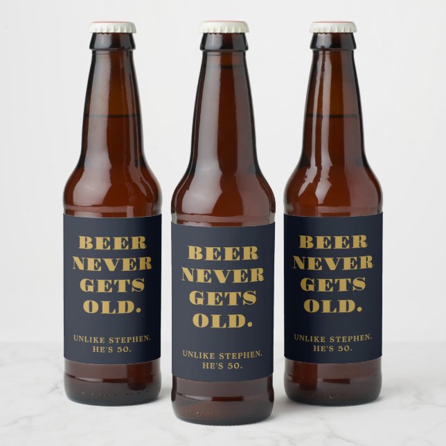 Funny Humourous 50th Birthday Navy Blue Gold Beer Bottle Label (Bottles)
