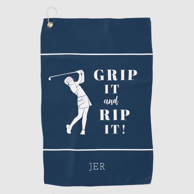 Funny Humourous Golf Grip Rip Ladies Blue Custom Golf Towel (Front)