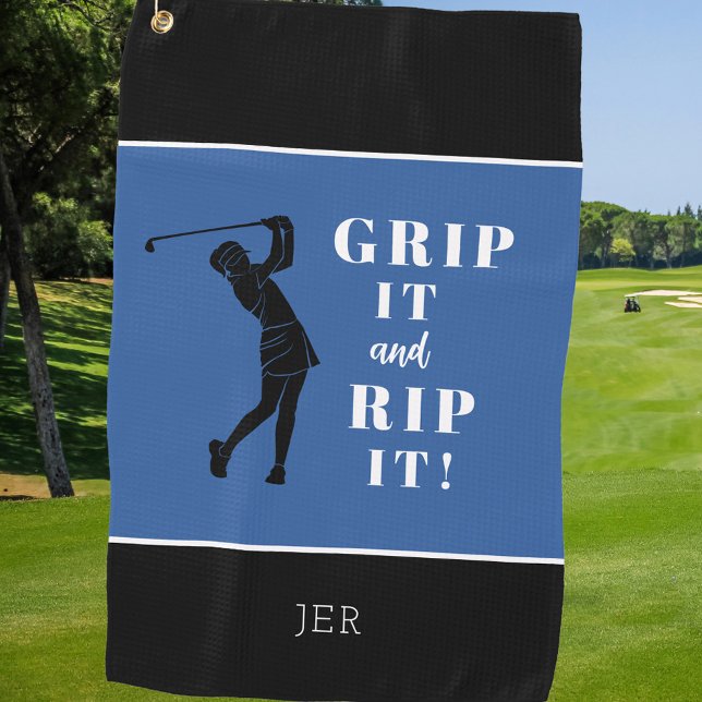 Funny Humourous Ladies Golf Grip Rip Blue Black Golf Towel (Creator Uploaded)