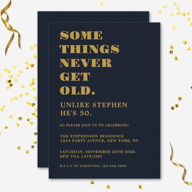 Funny Humourous Navy Blue Gold Birthday Party Invitation (Creator Uploaded)