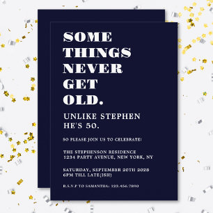 Funny Humourous Navy Blue White Birthday Party Invitation