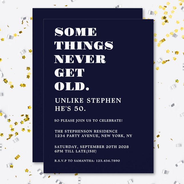 Funny Humourous Navy Blue White Birthday Party Invitation (Creator Uploaded)