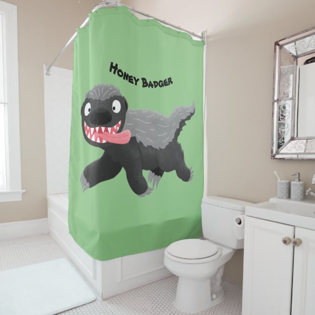 Funny hungry honey badger cartoon illustration shower curtain (In Situ)