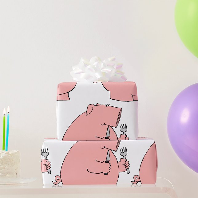 Funny Hungry Pig Holding Fork and Knife Wrapping Paper (Creator Uploaded)