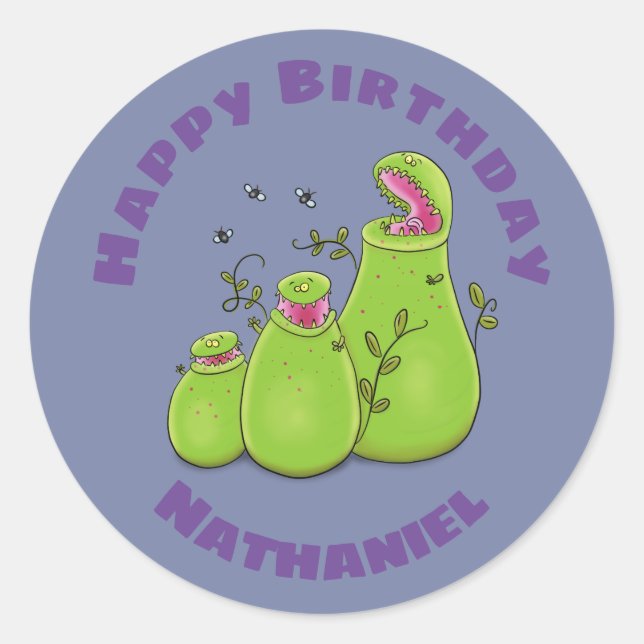 Funny hungry pitcher plants cartoon illustration classic round sticker (Front)