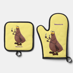 Funny hungry ugly flea cartoon oven mitt & pot holder set