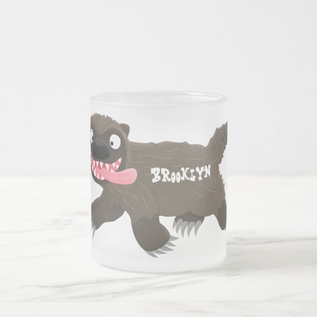 Funny hungry wolverine animal cartoon frosted glass coffee mug (Center)