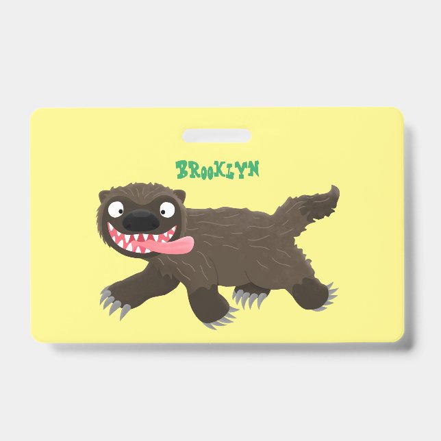 Funny hungry wolverine animal cartoon ID badge (Front)