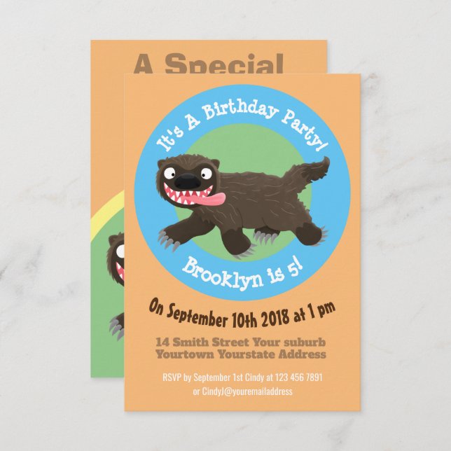 Funny hungry wolverine animal cartoon invitation (Front/Back)