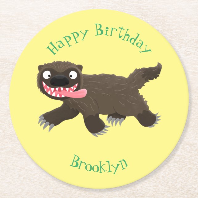 Funny hungry wolverine animal cartoon round paper coaster (Front)