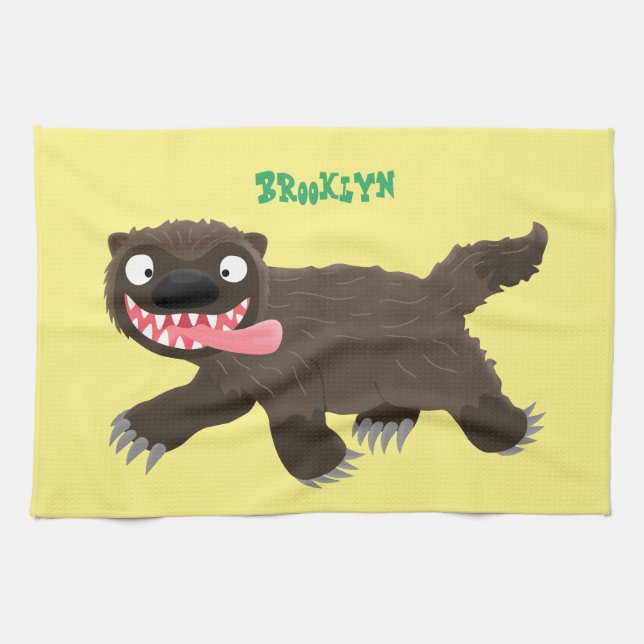 Funny hungry wolverine animal cartoon tea towel (Horizontal)