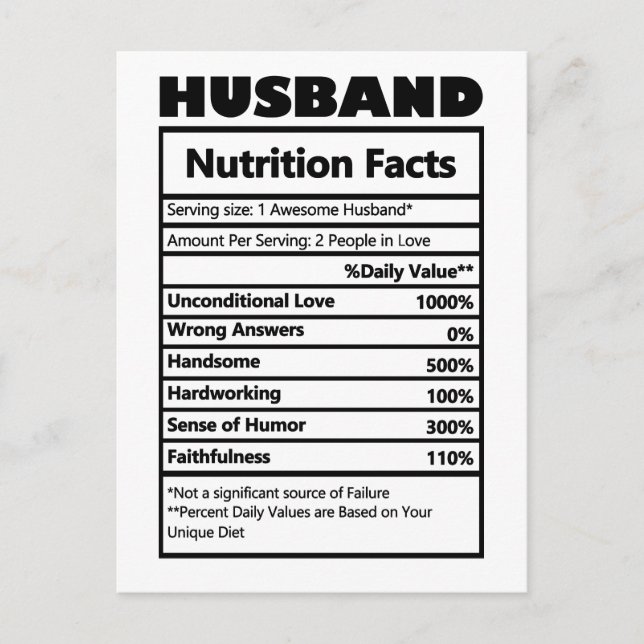 Funny Husband Nutrition Facts Jokes Postcard (Front)