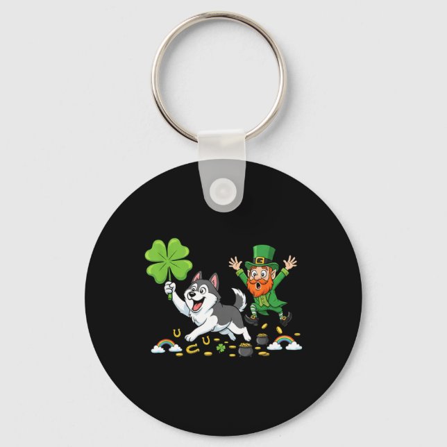 Funny Husky Clover St Patricks Day Womens Mens Key Ring (Front)