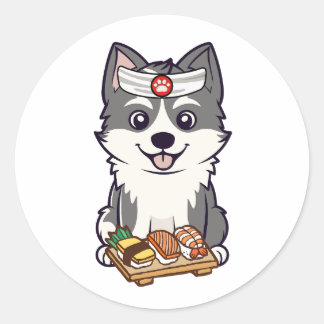 Funny husky dog is a sushi chef classic round sticker