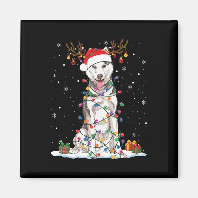 Funny Husky Dog Tree Christmas Lights Xmas Pajama  Magnet (Front)