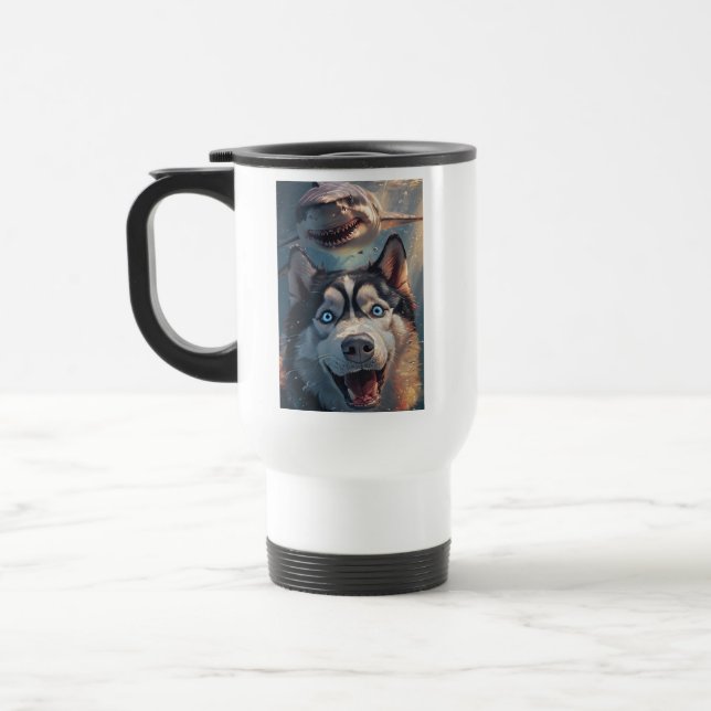 Funny Husky Shark Chase Travel Mug (Left)