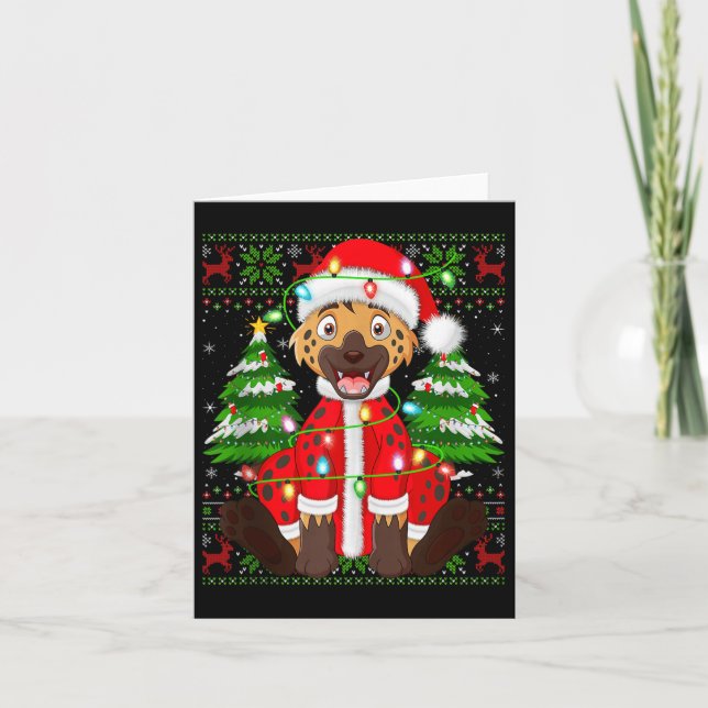Funny Hyena Christmas Lights Santa Costume Ugly Xm Card (Front)