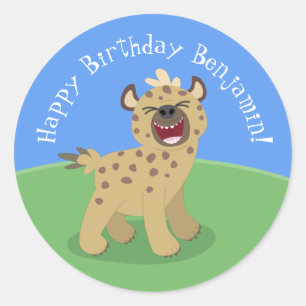 Funny hyena laughing personal cartoon birthday classic round sticker