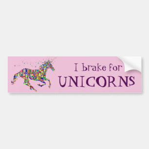 Funny "I Brake For Unicorns" & Rainbow Unicorn Bumper Sticker