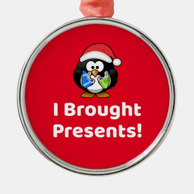 Funny I Brought Presents! | Penguin Metal Tree Decoration (Front)