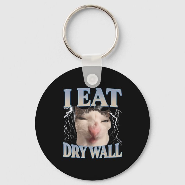 Funny I Eat Dry Wall Silly Cat Meme Men Women Kids Key Ring (Front)