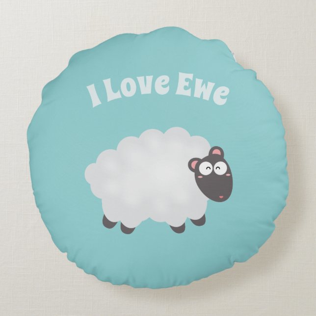 Funny I Love Ewe Cute Fluffy White Sheep Whimsical Round Cushion (Back)