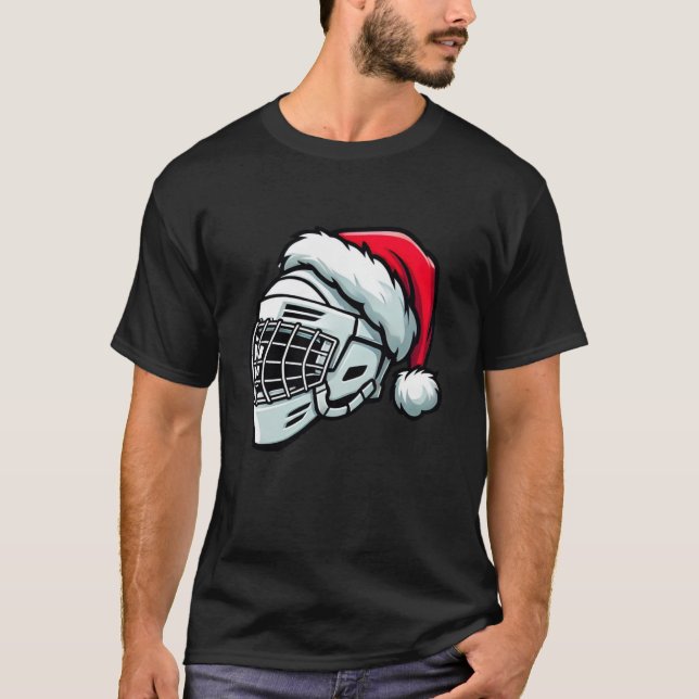 Funny Ice Hockey Helmet Santa Hat Christmas Holida T-Shirt (Front)