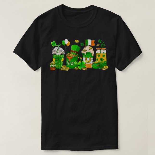 Funny Iced Coffee Latte Cups Shamrocks St Patricks T-Shirt (Design Front)