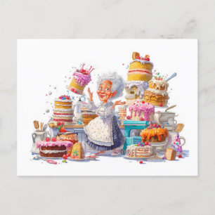 Funny illustration of grandma baking cakes holiday postcard