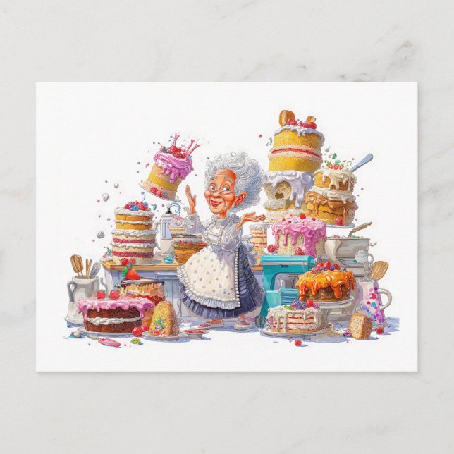 Funny illustration of grandma baking cakes holiday postcard (Front)