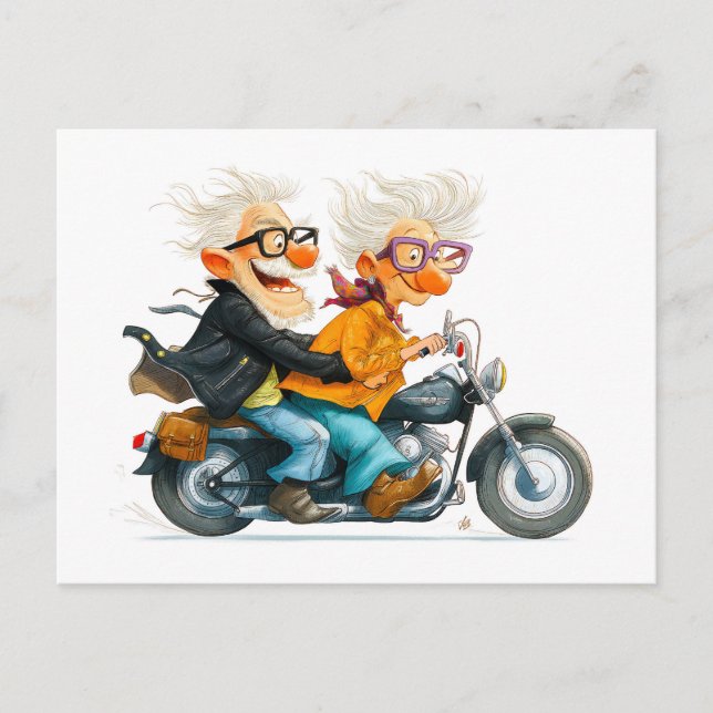 Funny illustration of seniors riding motorcycle holiday postcard (Front)