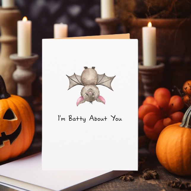 Funny I'm Batty About You Halloween Watercolor Bat Card (Creator Uploaded)